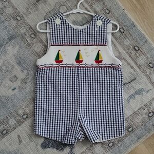 Wish Upon A Star Boys Smocked Gingham Embroidered Sailboat Jon Jon Outfit Sz6m